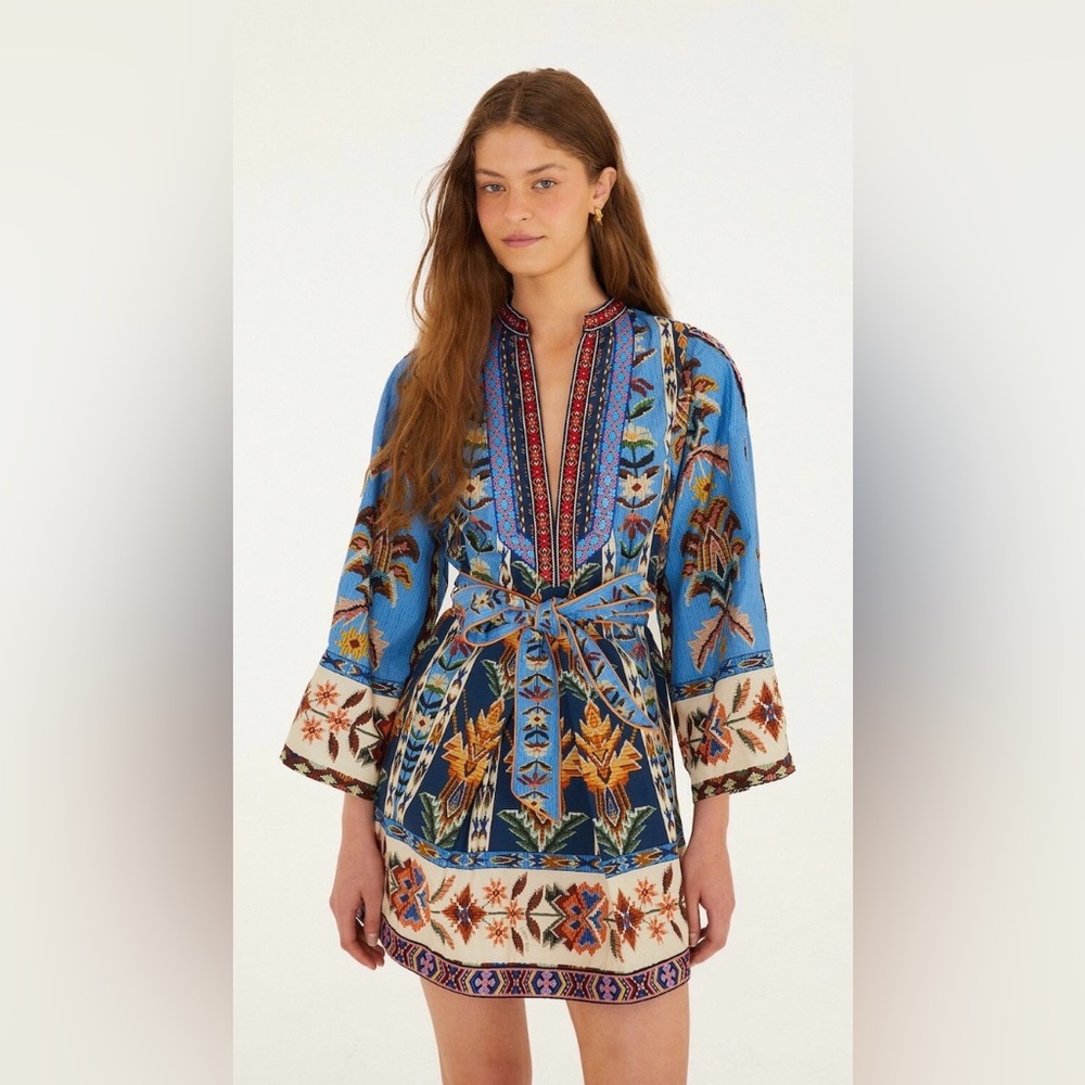 Farm Rio Blue Embrodiered Tapestry Organic Cotton Mini Dress